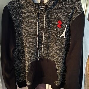 Karl Lagerfeld Black & Gray Speckled Knit Hooded Pullover